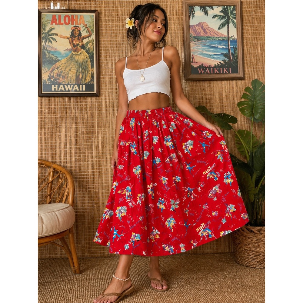 Vintage Hawaiian Skirt Women Small Red Hula Girl Tiki Luau Cotton USA Made Retro